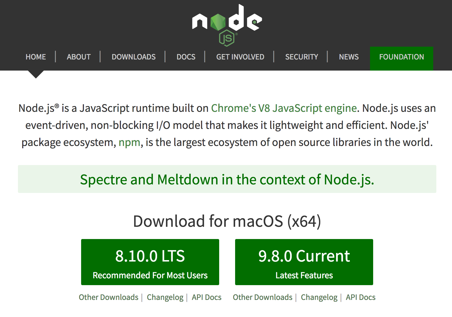 Screenshot of NodeJS download page